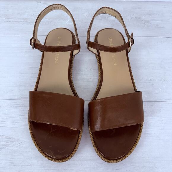 Stuart Weitzman Leather Sandals Size 11.5 Brown Twisted Ankle Strap Flat Classic - Picture 4 of 13